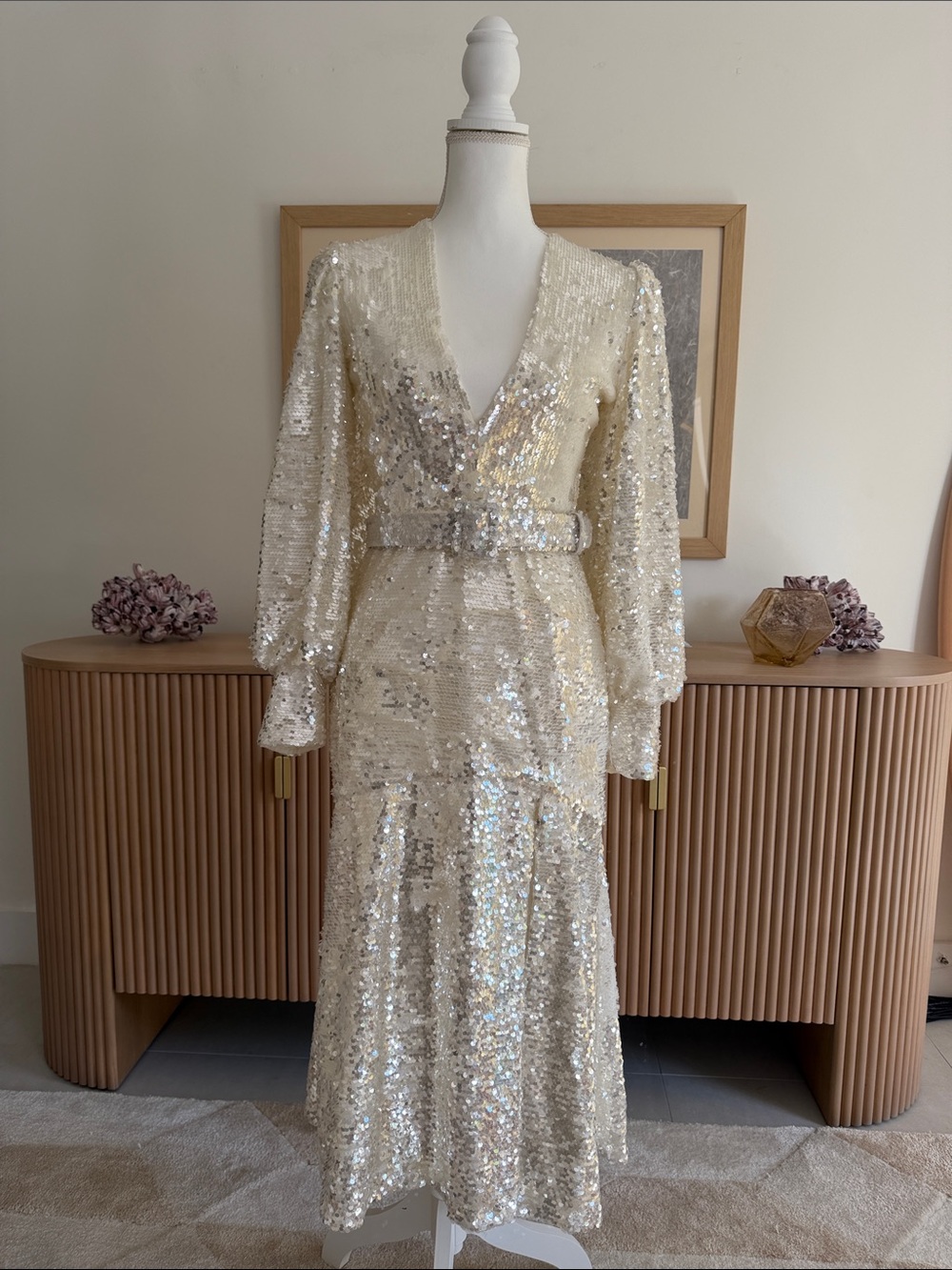 Champagne Sequin V-Neck Midi Dress with Belt